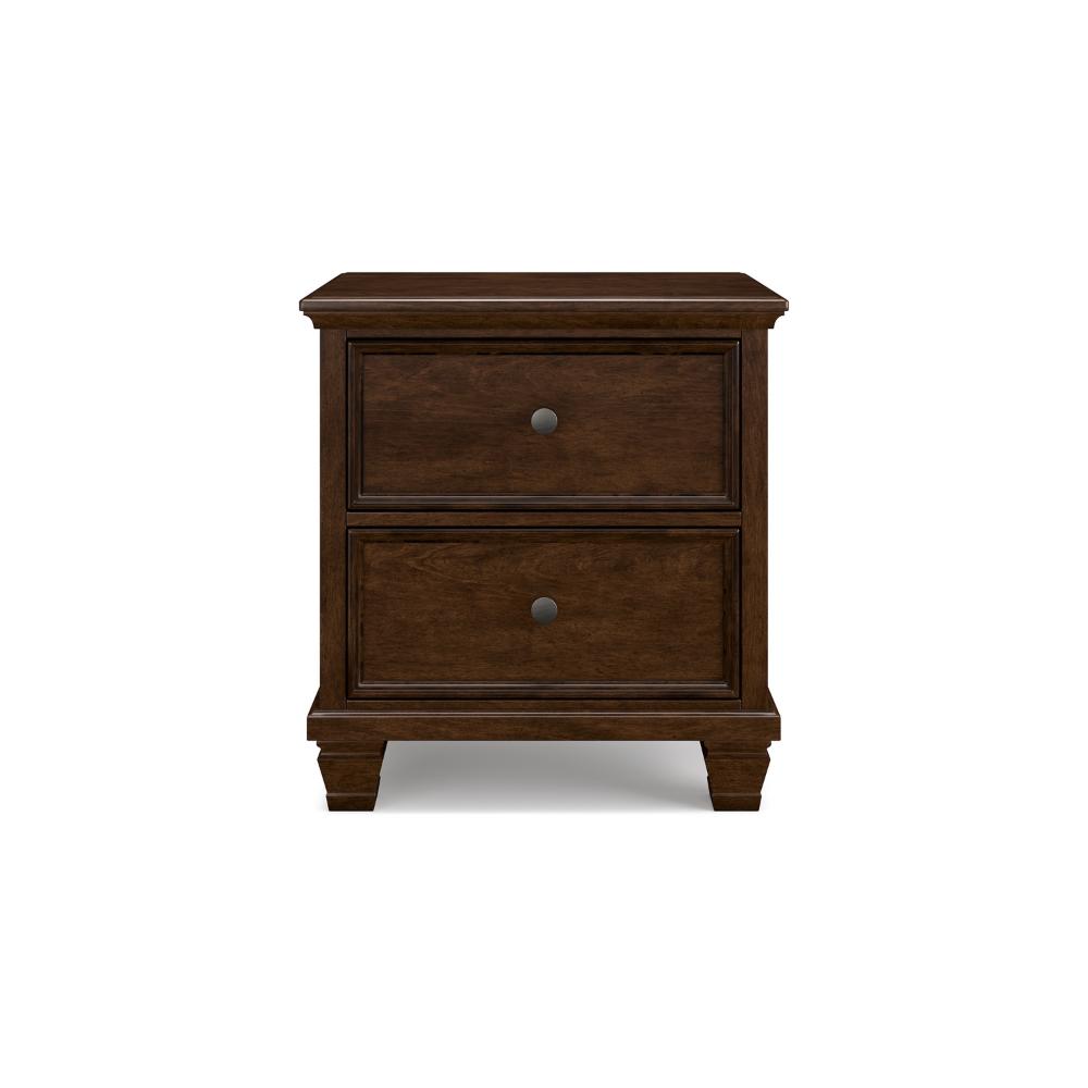 Benjara Reno Nightstand, 2 Drawers, Nickel Round Knobs, Rich Brown Solid Wood