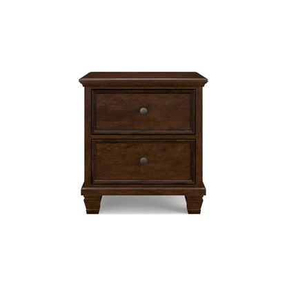 Benjara Reno Nightstand, 2 Drawers, Nickel Round Knobs, Rich Brown Solid Wood