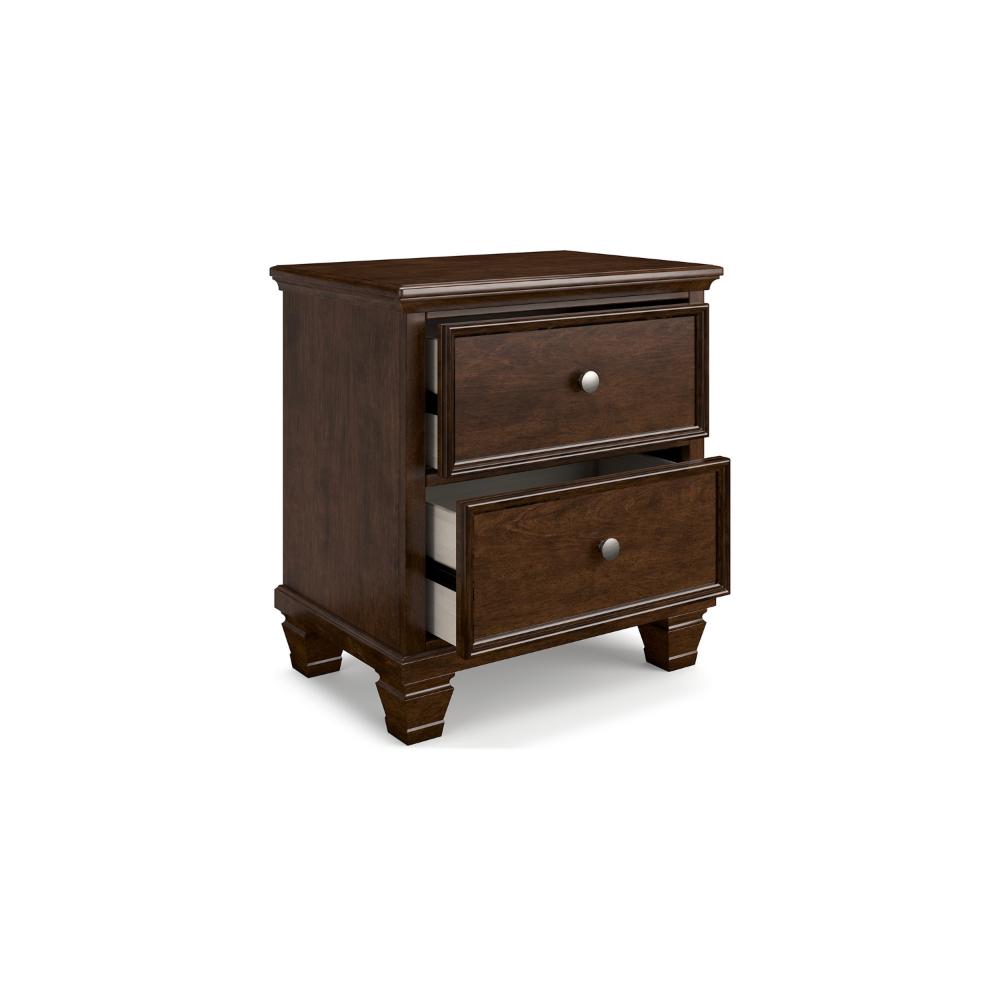 Benjara Reno Nightstand, 2 Drawers, Nickel Round Knobs, Rich Brown Solid Wood
