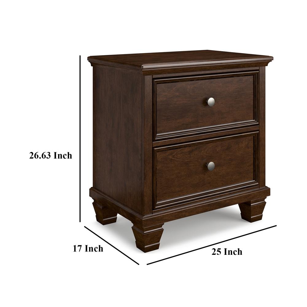 Benjara Reno Nightstand, 2 Drawers, Nickel Round Knobs, Rich Brown Solid Wood