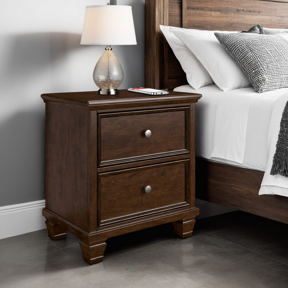Benjara Reno Nightstand, 2 Drawers, Nickel Round Knobs, Rich Brown Solid Wood