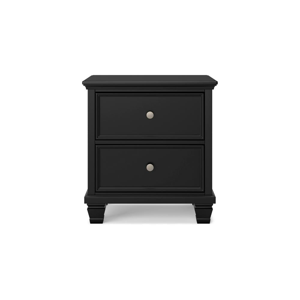 Benjara Lemo Nightstand, 2 Wide Drawers, Nickel Round Knobs, Black Solid Wood