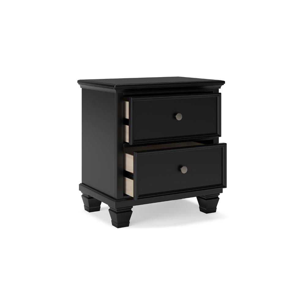 Benjara Lemo Nightstand, 2 Wide Drawers, Nickel Round Knobs, Black Solid Wood