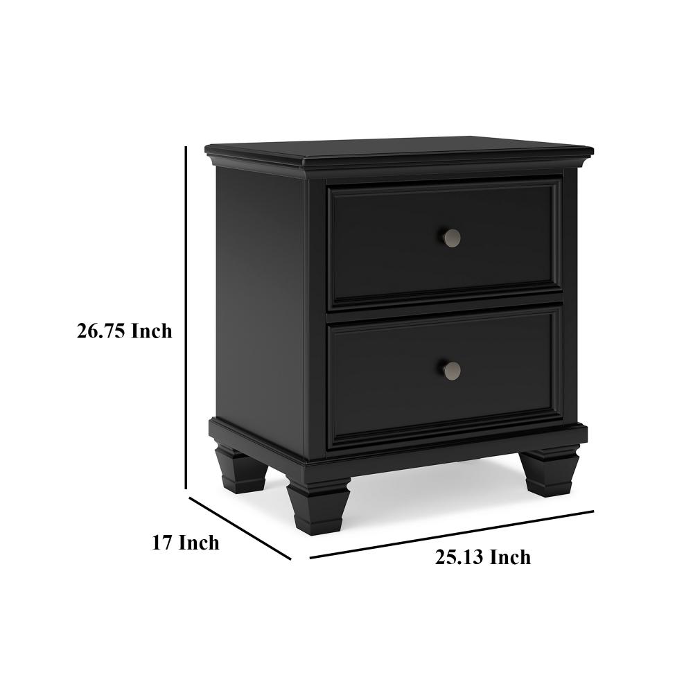 Benjara Lemo Nightstand, 2 Wide Drawers, Nickel Round Knobs, Black Solid Wood