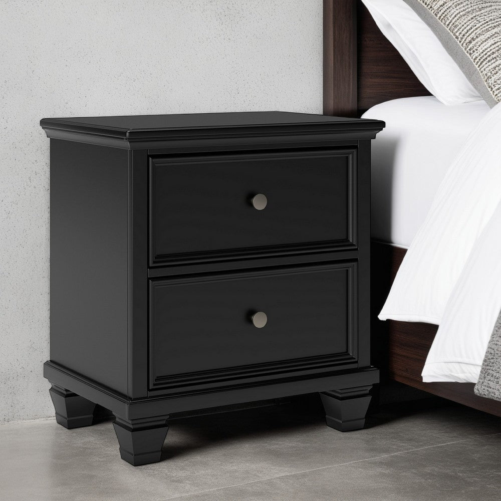 Benjara Lemo Nightstand, 2 Wide Drawers, Nickel Round Knobs, Black Solid Wood