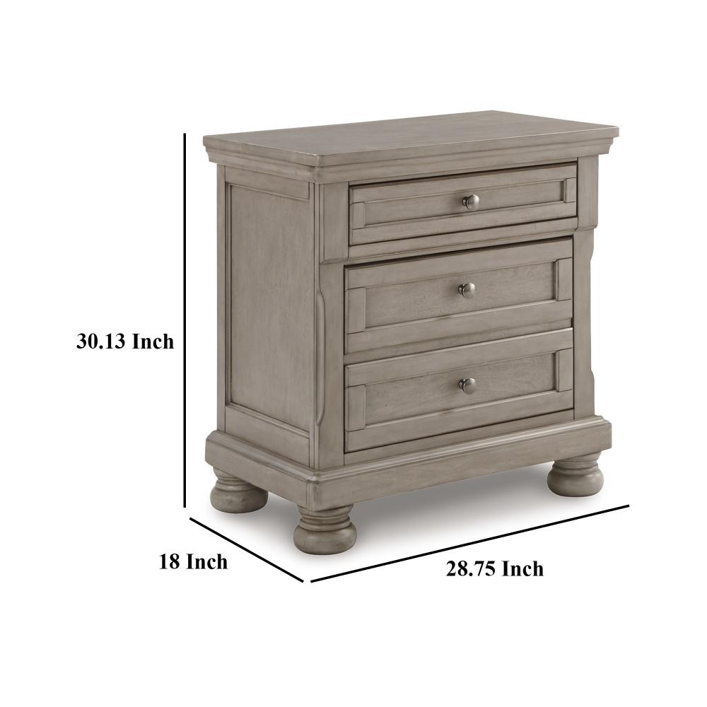 Benjara Ryno Nightstand, 2 Drawers, Pull Out Tray, Nickel Round Knobs, Gray