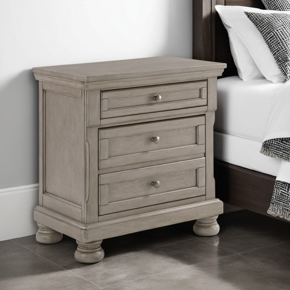 Benjara Ryno Nightstand, 2 Drawers, Pull Out Tray, Nickel Round Knobs, Gray