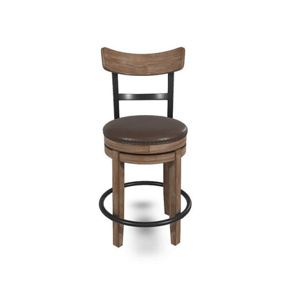 Benjara Pine Swivel Counter Height Stool Chair, 24 Inch, Brown Faux Leather