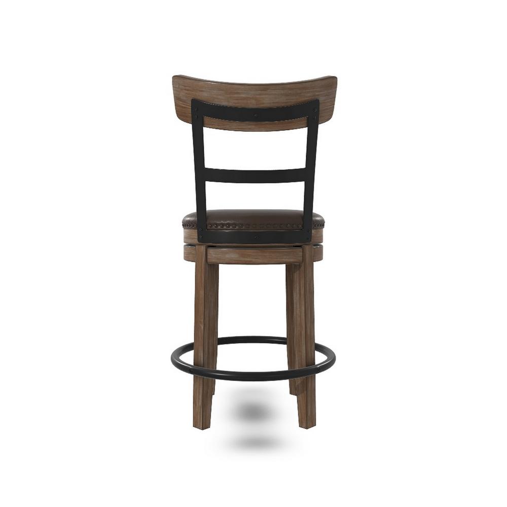 Benjara Pine Swivel Counter Height Stool Chair, 24 Inch, Brown Faux Leather