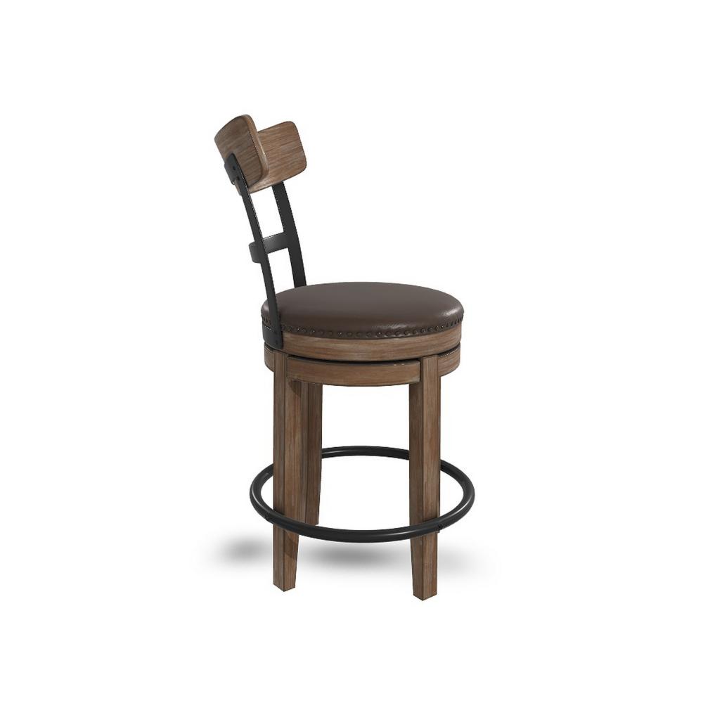 Benjara Pine Swivel Counter Height Stool Chair, 24 Inch, Brown Faux Leather