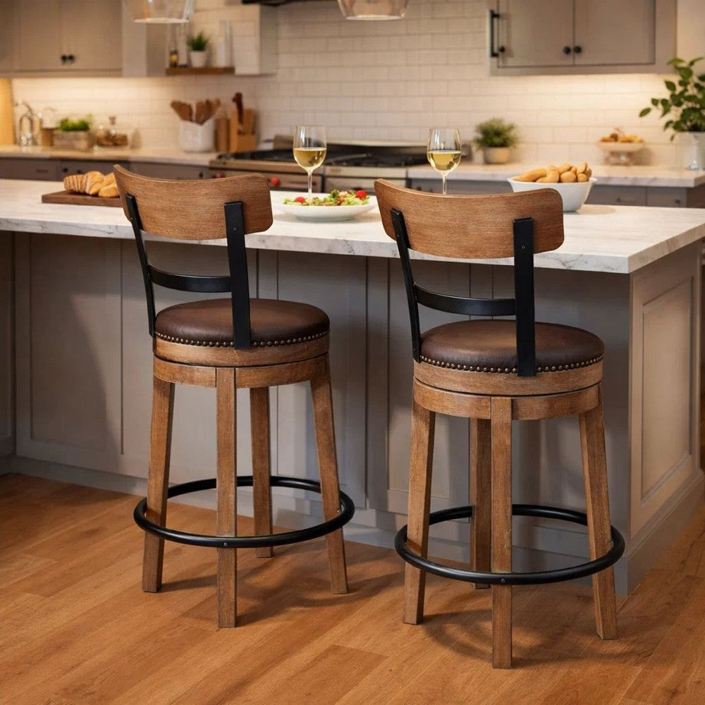 Benjara Pine Swivel Counter Height Stool Chair, 24 Inch, Brown Faux Leather