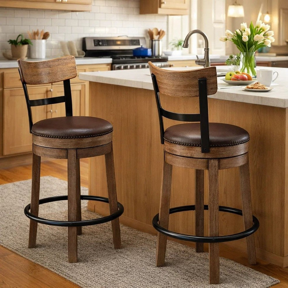 Benjara Pine Swivel Counter Height Stool Chair, 24 Inch, Brown Faux Leather