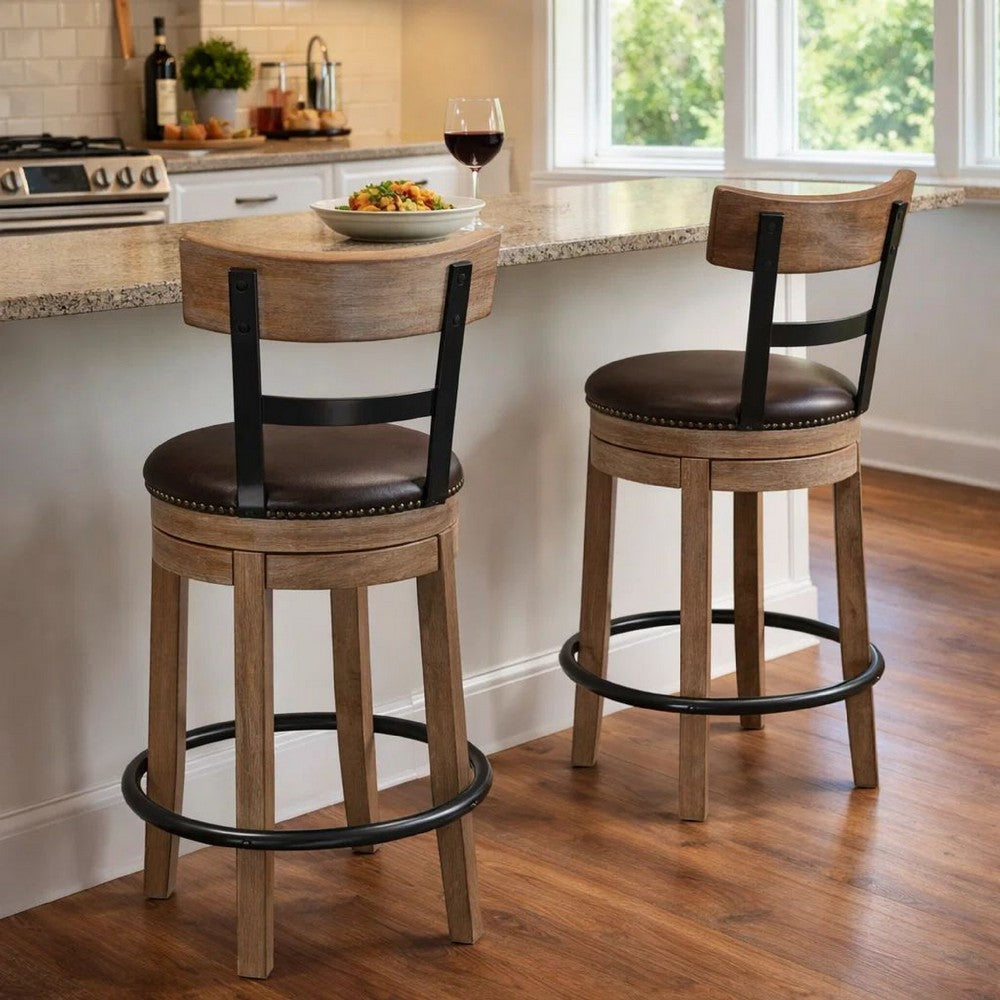 Benjara Pine Swivel Counter Height Stool Chair, 24 Inch, Brown Faux Leather