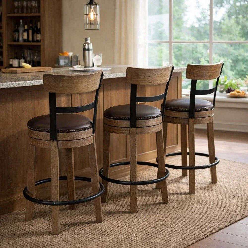 Benjara Pine Swivel Counter Height Stool Chair, 24 Inch, Brown Faux Leather