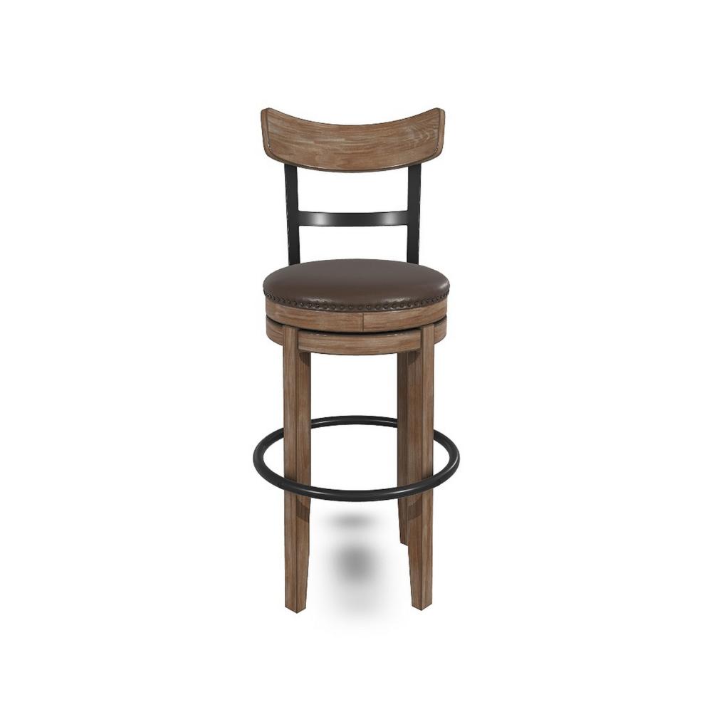 Benjara Pine Swivel Barstool Chair, 31 Inch, Industrial Brown Faux Leather