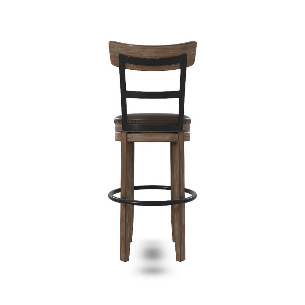 Benjara Pine Swivel Barstool Chair, 31 Inch, Industrial Brown Faux Leather