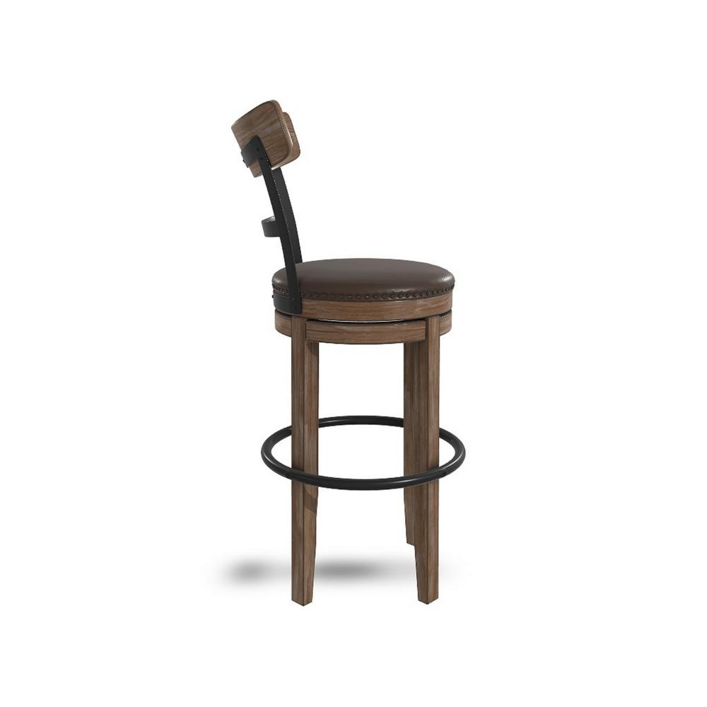 Benjara Pine Swivel Barstool Chair, 31 Inch, Industrial Brown Faux Leather