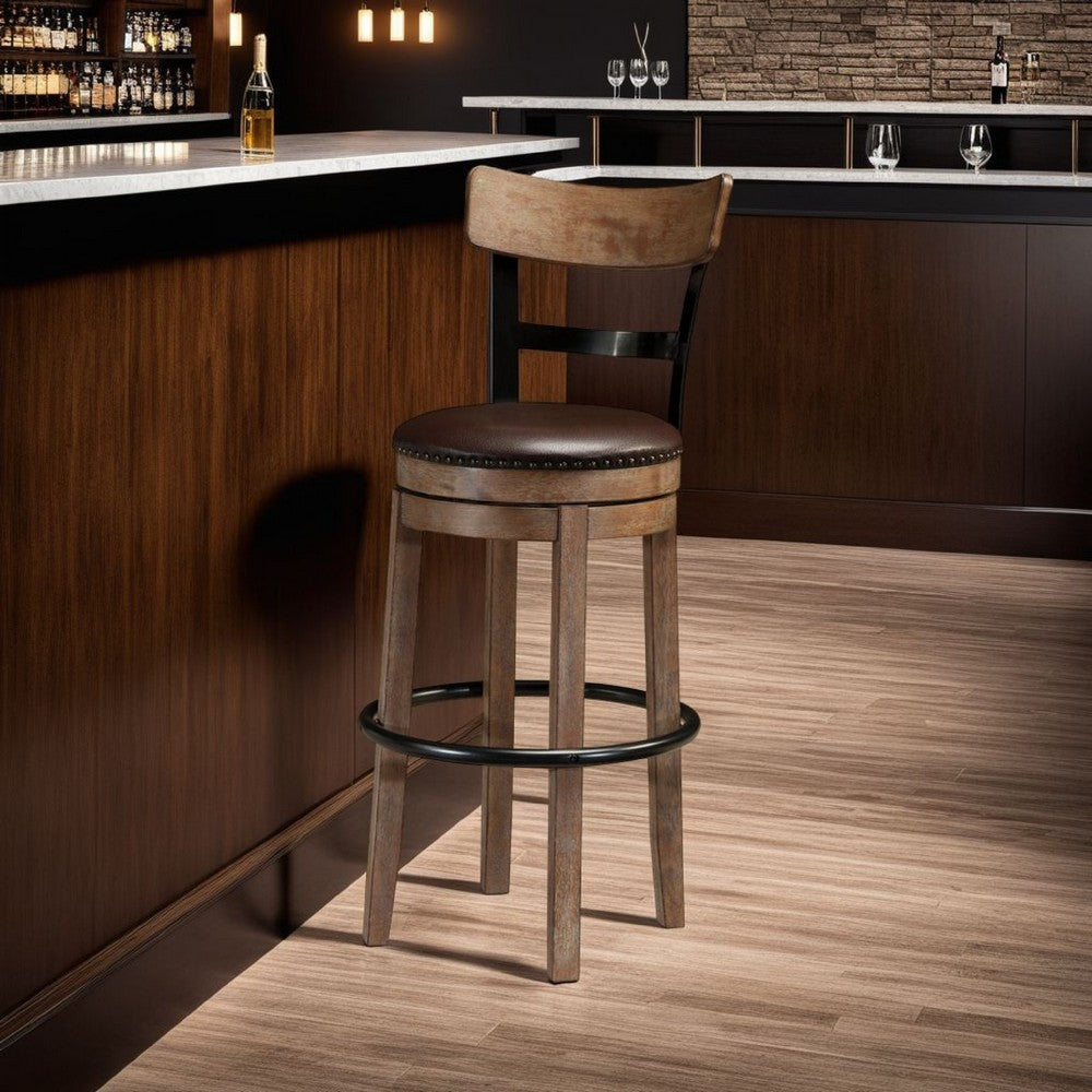 Benjara Pine Swivel Barstool Chair, 31 Inch, Industrial Brown Faux Leather