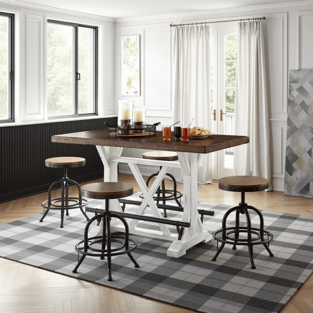Benjara Becy Counter Height Dining Table, 60 Inch, White And Brown Pine Wood