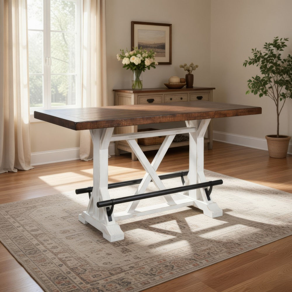 Benjara Becy Counter Height Dining Table, 60 Inch, White And Brown Pine Wood