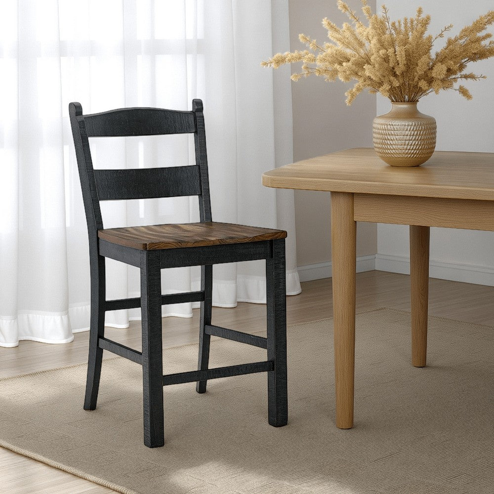 Benjara Becy Counter Height Chair Set of 2, 24 Inch, Black And Brown Wood
