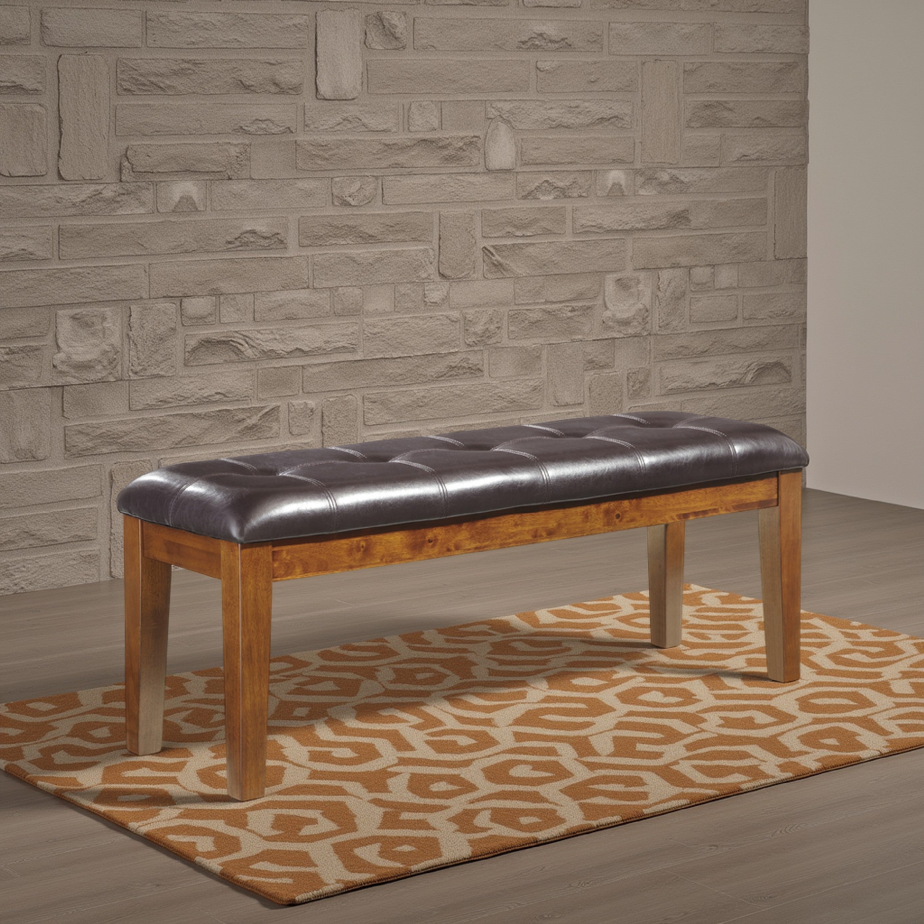 Benjara Raly Dining Bench, 50 Inch, Plush Tufted Faux Leather Seat, Brown