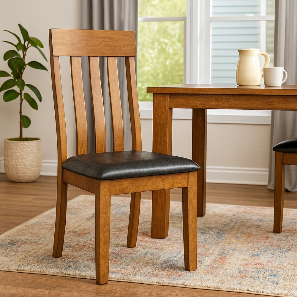 Benjara Raly Dining Side Chair Set of 2, Brown Faux Leather Seat, Slated Back