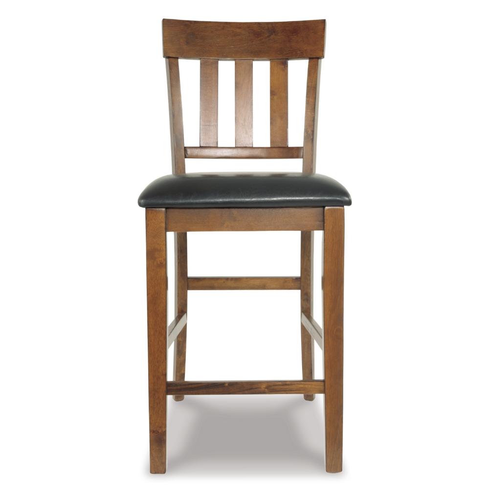 Benjara Raly Counter Height Chair Set of 2, Brown Faux Leather, Slatted Back