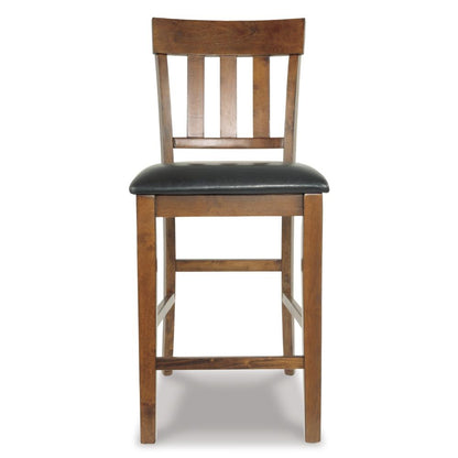 Benjara Raly Counter Height Chair Set of 2, Brown Faux Leather, Slatted Back