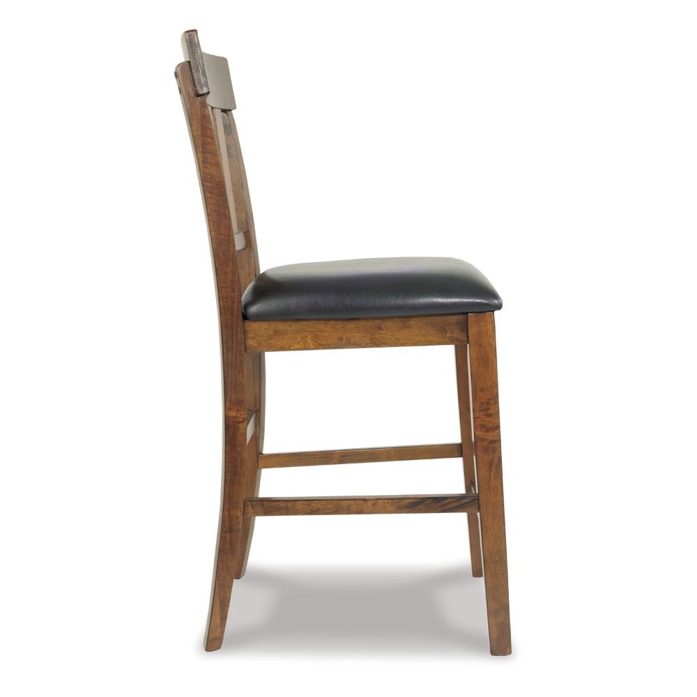 Benjara Raly Counter Height Chair Set of 2, Brown Faux Leather, Slatted Back