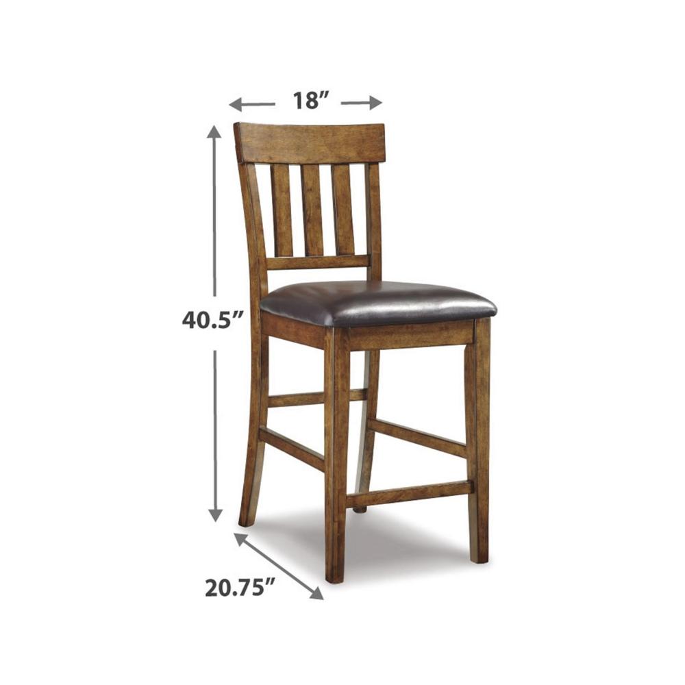 Benjara Raly Counter Height Chair Set of 2, Brown Faux Leather, Slatted Back