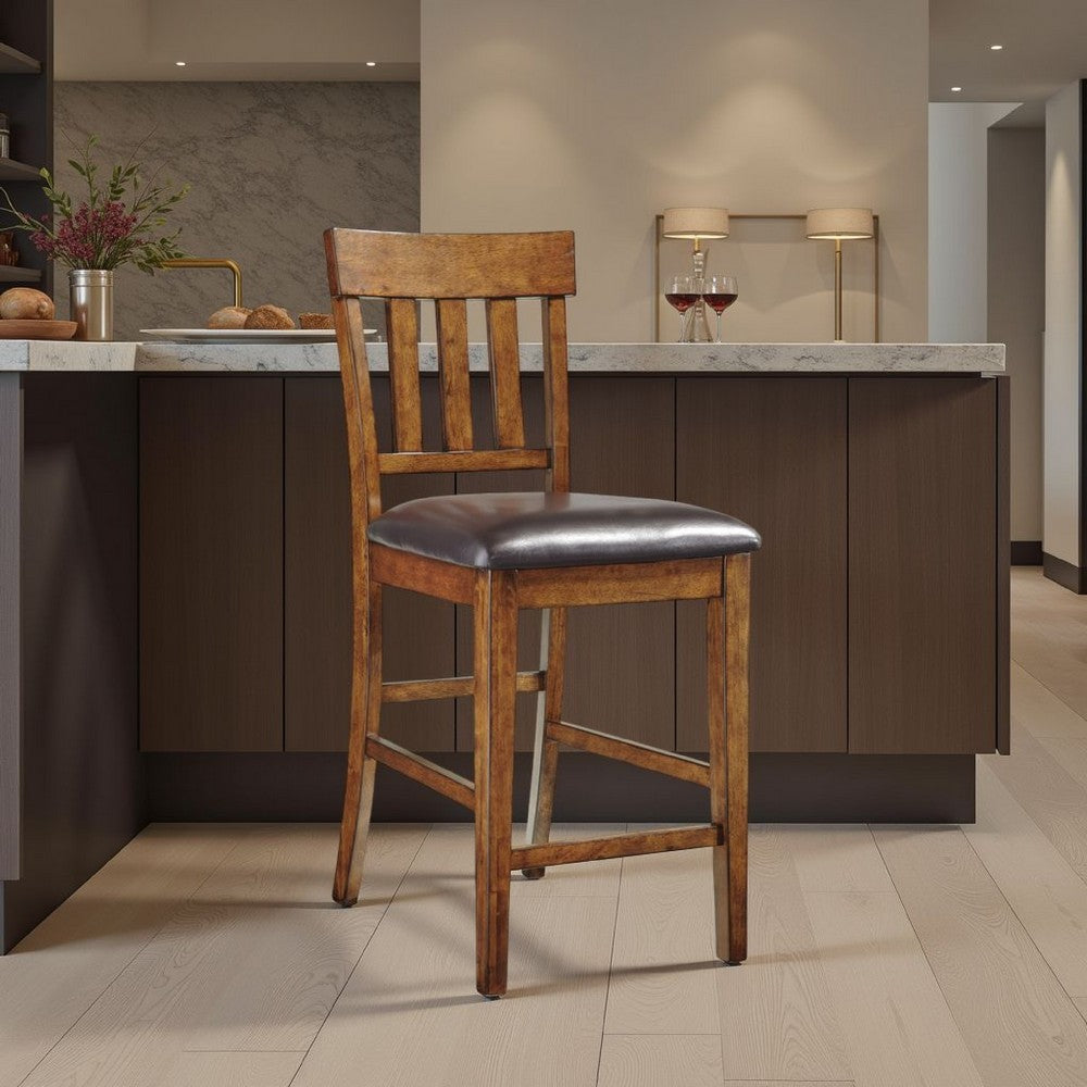 Benjara Raly Counter Height Chair Set of 2, Brown Faux Leather, Slatted Back