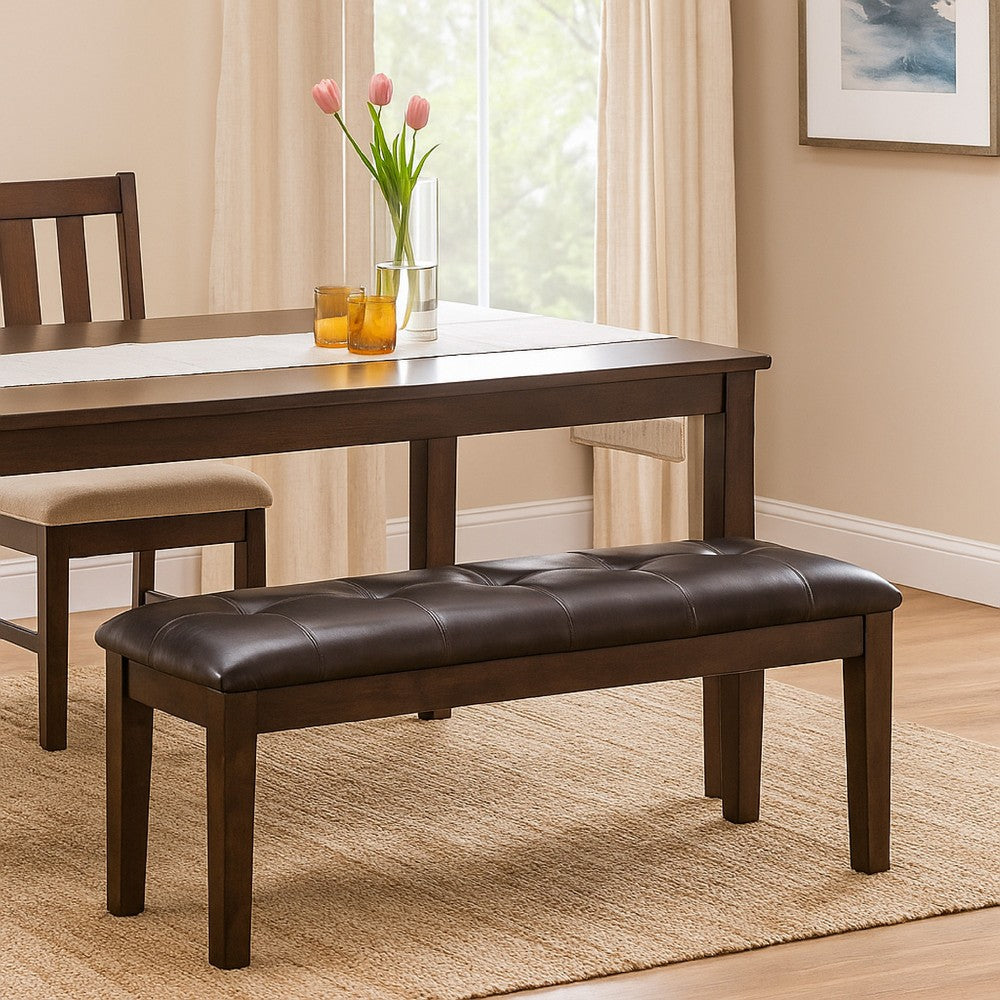 Benjara Hado Dining Bench, 49 Inch, Tufted Faux Leather Seat, Dark Brown