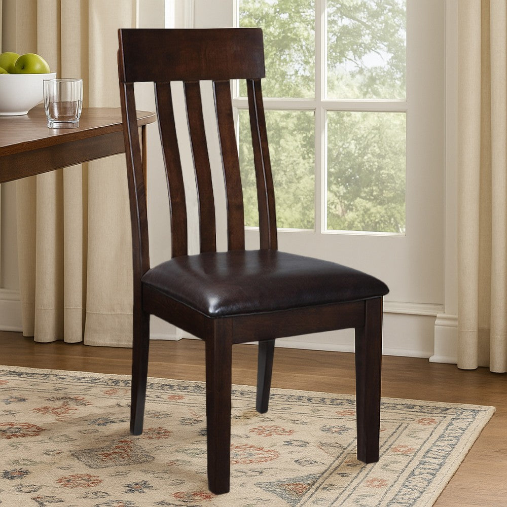 Benjara Hado Dining Chair Set of 2, Dark Brown Faux Leather Seat, Slatted Back