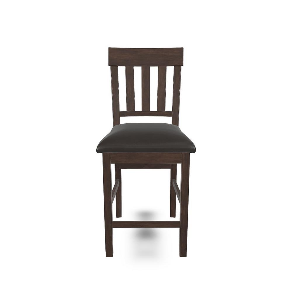 Benjara Hado Counter Height Chair Set of 2, Brown Faux Leather, Slatted Back