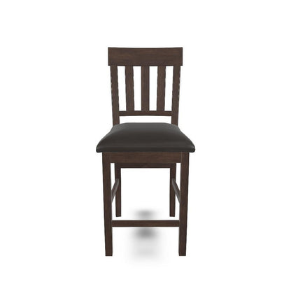 Benjara Hado Counter Height Chair Set of 2, Brown Faux Leather, Slatted Back