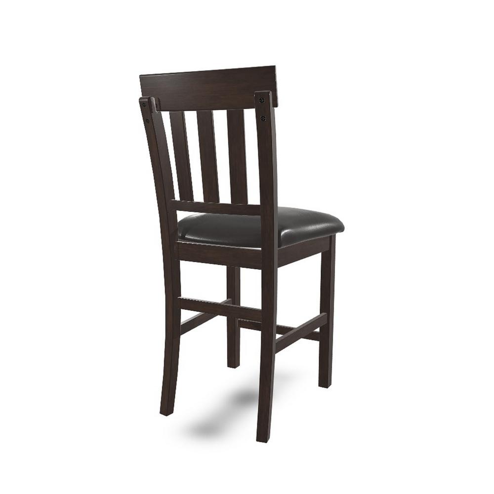 Benjara Hado Counter Height Chair Set of 2, Brown Faux Leather, Slatted Back