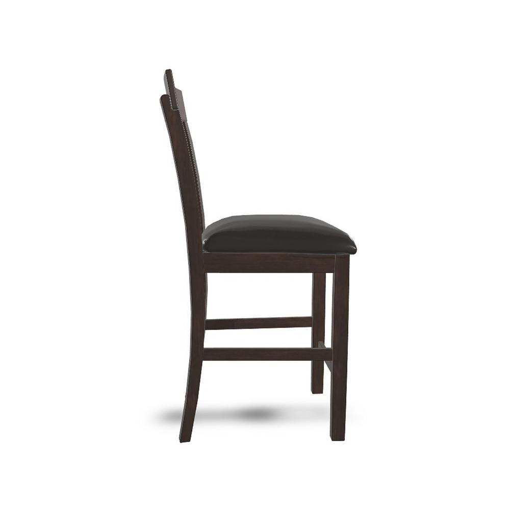 Benjara Hado Counter Height Chair Set of 2, Brown Faux Leather, Slatted Back