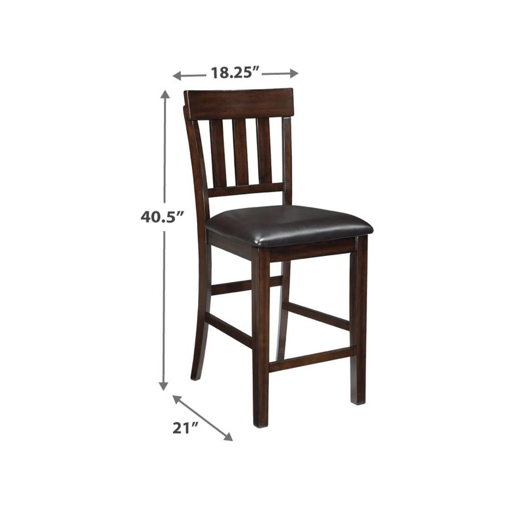Benjara Hado Counter Height Chair Set of 2, Brown Faux Leather, Slatted Back