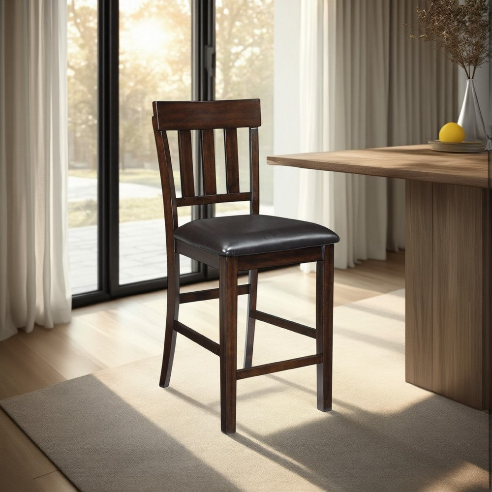 Benjara Hado Counter Height Chair Set of 2, Brown Faux Leather, Slatted Back
