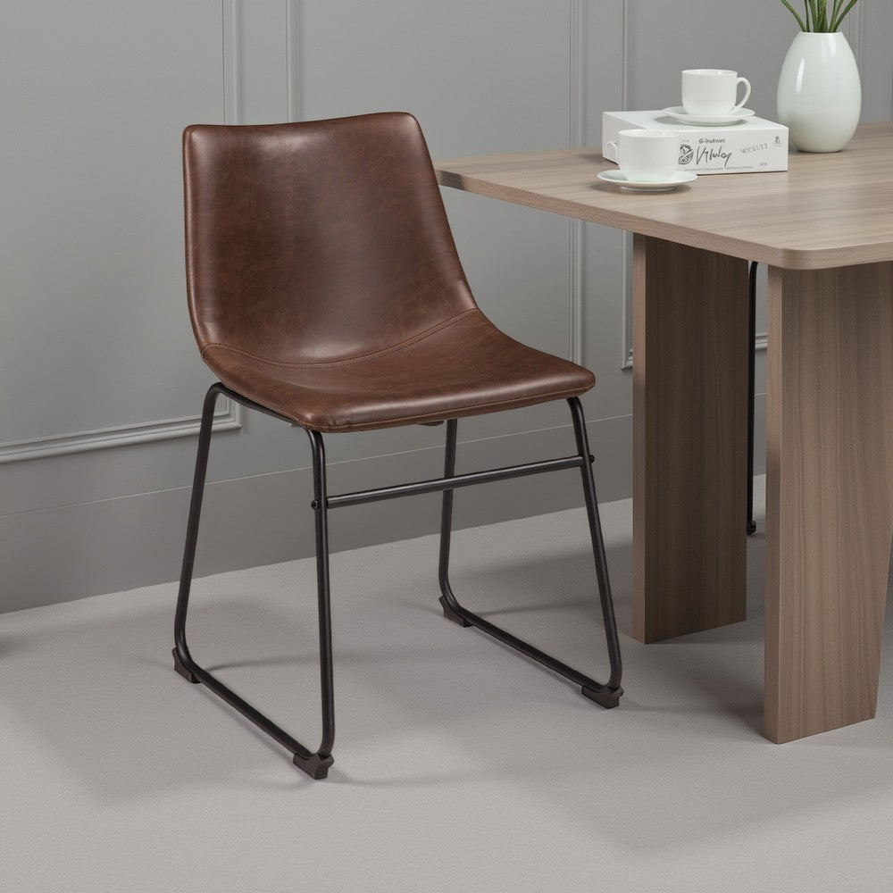 Benjara Tia Dining Chair Set of 2, Brown Faux Leather, Bucket Seat, Metal