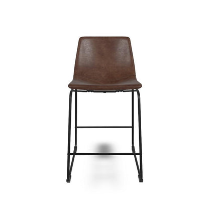 Benjara Tia Counter Height Chair Set of 2, Brown Faux Leather, Bucket Seat