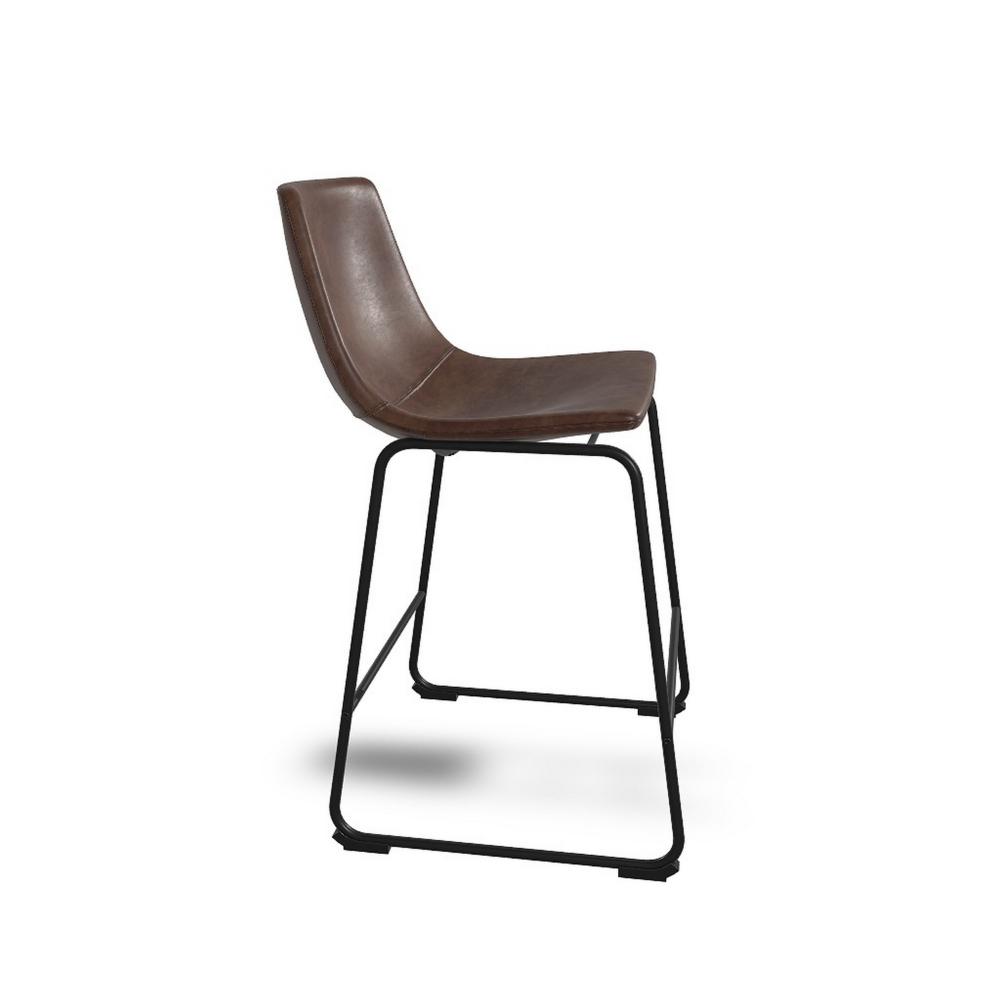 Benjara Tia Counter Height Chair Set of 2, Brown Faux Leather, Bucket Seat