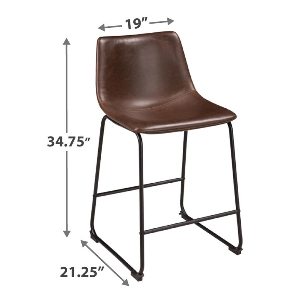 Benjara Tia Counter Height Chair Set of 2, Brown Faux Leather, Bucket Seat