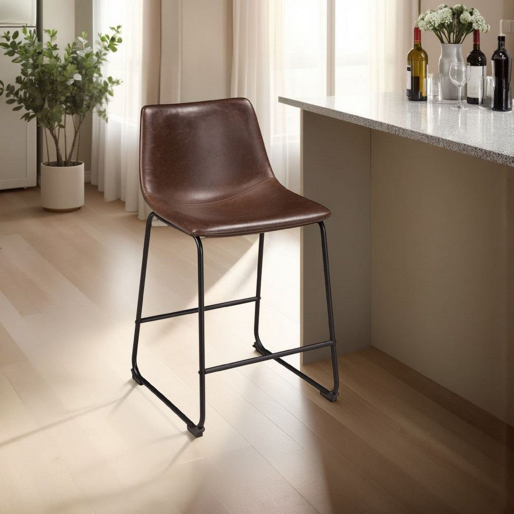 Benjara Tia Counter Height Chair Set of 2, Brown Faux Leather, Bucket Seat