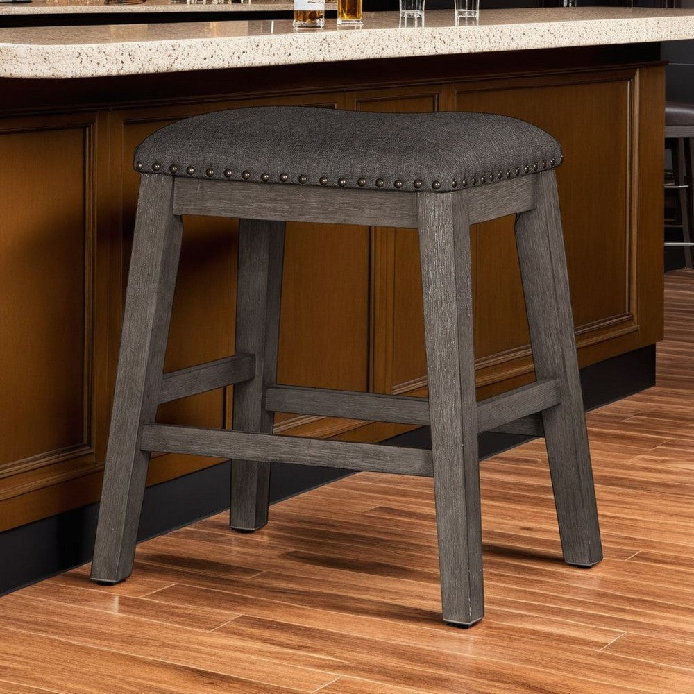 Benjara Caity Counter Height Stool Set of 2, Gray Wood Frame, Cushioned Seat