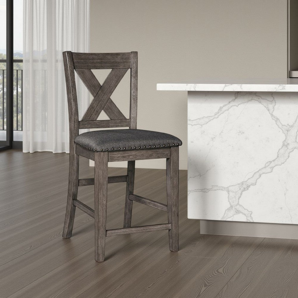 Benjara Caity Counter Height Chair Set of 2, Gray Acacia Wood, X Shaped Back