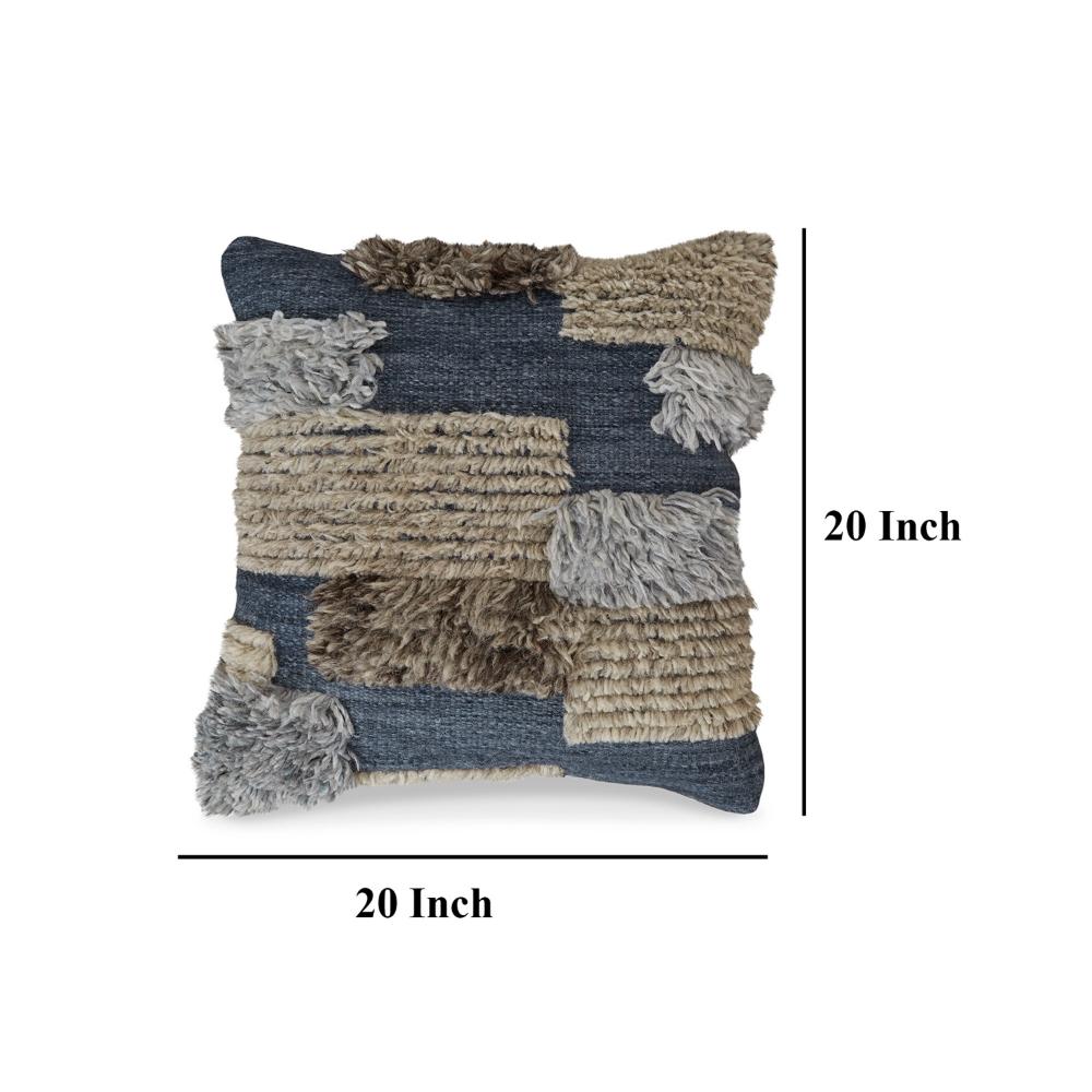 Benjara Square Accent Throw Pillow, 20 Inch Hand Knotted Patchwork, Gray Wool