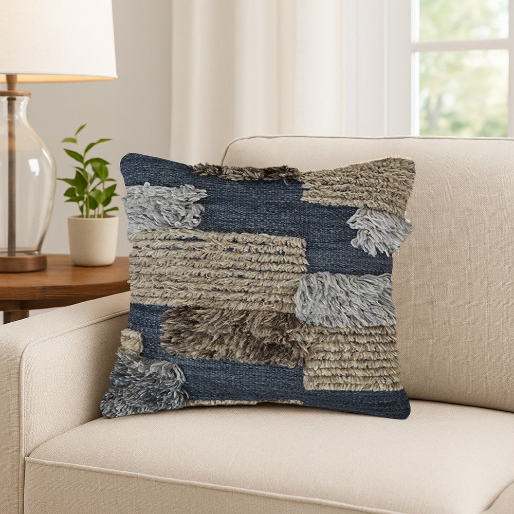 Benjara Square Accent Throw Pillow, 20 Inch Hand Knotted Patchwork, Gray Wool