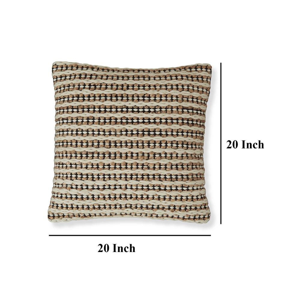 Benjara Square Accent Throw Pillow, 20 Inch, Handwoven Stripes on Brown Wool